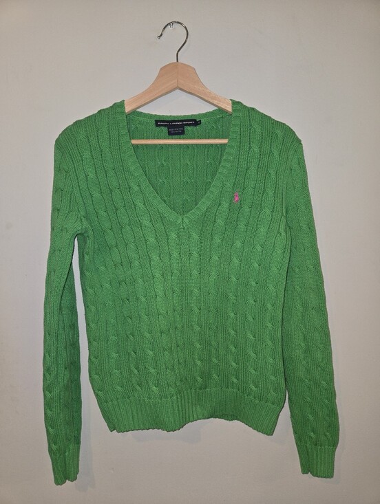 Ralph Lauren Sweaters - Ralph Lauren Sport 100% cotton Green Cable-Knit V-Neck Sweater Pink Pony Size M
